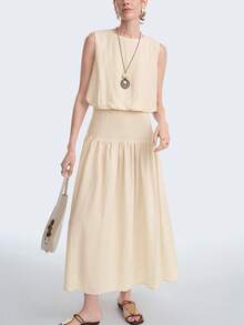 Aalyst Women's Spring/Summer Tencel & Linen French Elegant Dress, Suitable For Office, Commute, Casual, Vacation, Afternoon Tea, Beach, Romantic, High-End Round Neck, Waist Cinched, Backless, Sleeveless, Maxi A-Line - Apricot - View 1