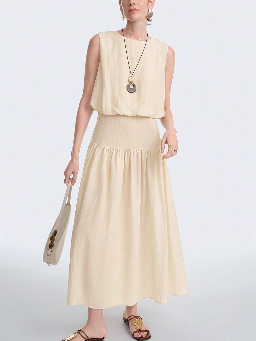 Aalyst Women's Spring/Summer Tencel & Linen French Elegant Dress, Suitable For Office, Commute, Casual, Vacation, Afternoon Tea, Beach, Romantic, High-End Round Neck, Waist Cinched, Backless, Sleeveless, Maxi A-Line - Apricot - View 1