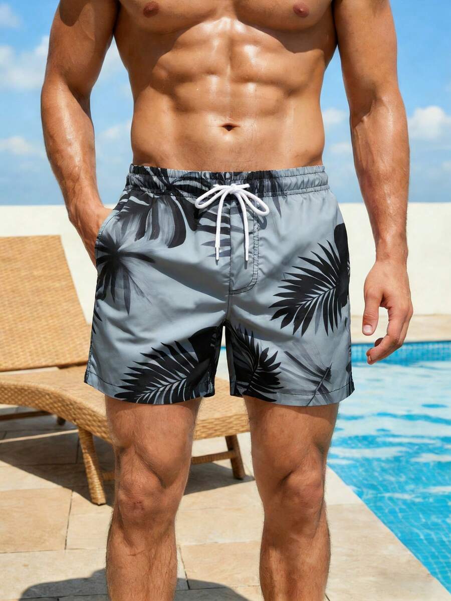 Manfinity Swimmode Men's Summer Vacation Tropical Print Drawstring Waist Slant Pocket Loose Beach Shorts - Light Grey - View 1