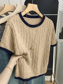 Franclia New Casual Loose Korean Style Round Neck Textured Contrast Color Pullover Sweater For Women, Spring/Autumn - Apricot - View 5
