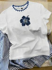 Resyla 女士休闲印花T恤和条纹裤两件套，夏季 - 白色 - 查看 3