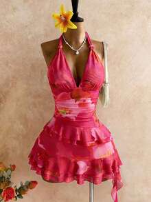 Sweetra Women's Romantic Vacation Style Printed Layered Ruffle Hem Halter Backless Mini Dress, Spring/Summer - Hot Pink - View 1