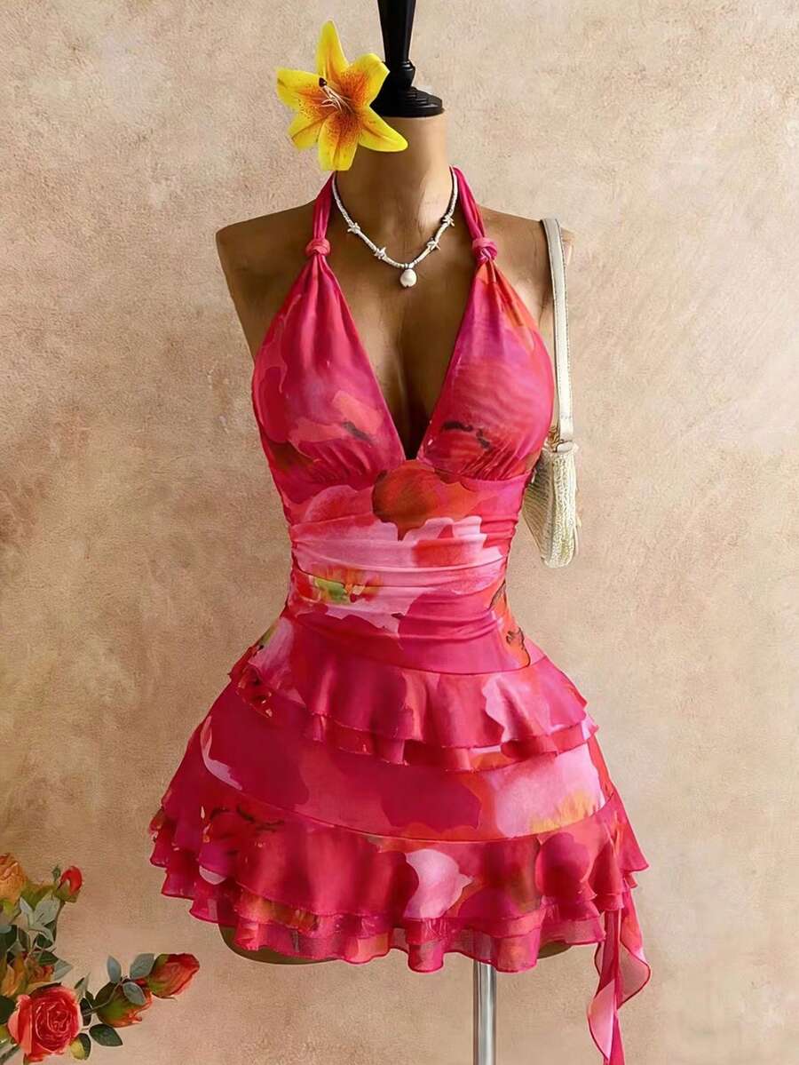Sweetra Women's Romantic Vacation Style Printed Layered Ruffle Hem Halter Backless Mini Dress, Spring/Summer - Hot Pink - View 1