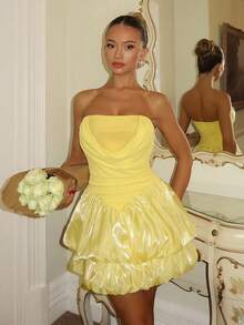 SHEIN Đầm mini phồng không tay trễ vai màu vàng, trang phục mùa xuân, đầm dự tiệc lễ hội, thời trang đường phố, đầm đi club cho nữ, đầm hẹn hò, đầm sinh nhật cho nữ, thanh lịch sang trọng, trang phục không thể thiếu cho bữa tiệc, đầm Giáng sinh, đầm Valentine, đầm năm mới, đầm lấp lánh - Màu vàng - Xem 1