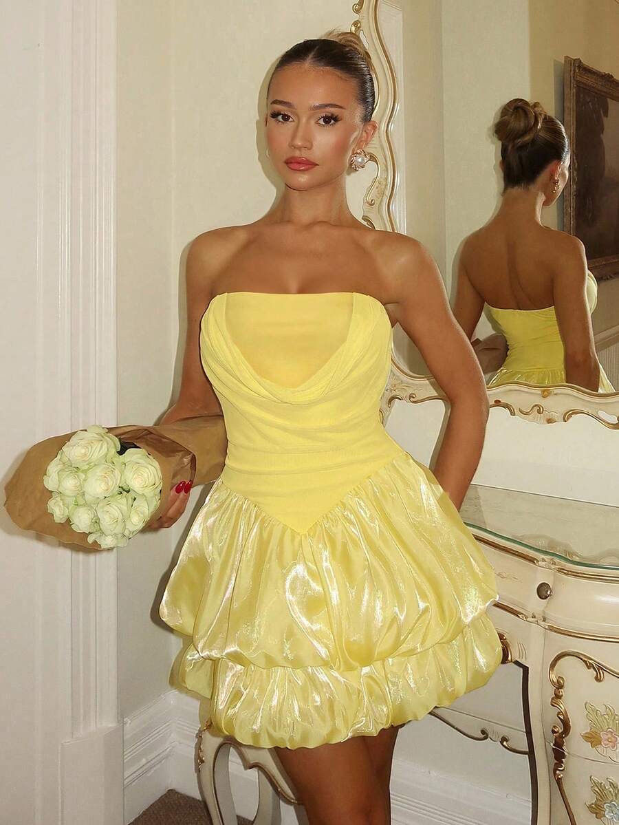 SHEIN Đầm mini phồng không tay trễ vai màu vàng, trang phục mùa xuân, đầm dự tiệc lễ hội, thời trang đường phố, đầm đi club cho nữ, đầm hẹn hò, đầm sinh nhật cho nữ, thanh lịch sang trọng, trang phục không thể thiếu cho bữa tiệc, đầm Giáng sinh, đầm Valentine, đầm năm mới, đầm lấp lánh - Màu vàng - Xem 1