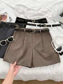 Franclia 极简高腰A字褶皱装饰腰带休闲女式短裤 高腰短裤 优雅短裤 短裤 短款穿搭 纸袋短裤 系带短裤 女式短裤 - 卡其色 - 查看 1