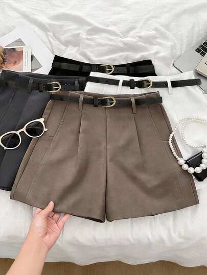 Franclia Pantalones cortos de mujer minimalistas de cintura alta con decoración plisada en forma de A, pantalones cortos casuales de cintura alta, pantalones cortos elegantes, pantalones cortos, conjuntos de pantalones cortos, pantalones cortos tipo bolsa de papel, pantalones cortos con cinturón