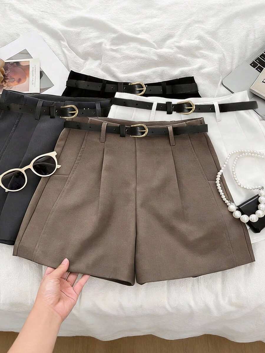 Franclia 极简高腰A字褶皱装饰腰带休闲女式短裤 高腰短裤 优雅短裤 短裤 短款穿搭 纸袋短裤 系带短裤 女式短裤 - 卡其色 - 查看 1