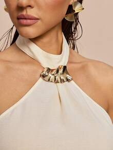 Olia Maree Apricot Textured Halter Neck Metallic Rhinestone Decor Blouse & Flowy Wide Leg Pants 2 Pieces Set Cream Summer Elegant Vacation Holiday - Apricot - View 7