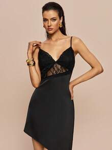 Olia Maree Women's Black Sleeveless Mini Cami Dress With Contrast Lace Detail And Asymmetrical Hem - Black - View 1