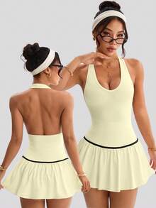 Dewbera Women's Backless Halter Mini Sporty Dress - Pale Yellow - View 1