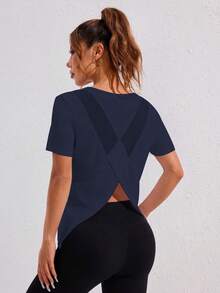 Gameset SHEIN Sport 迷彩提花网眼拼布短袖运动上衣，春夏季健身女式衬衫 - 藏蓝色 - 查看 3