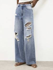 Maija Jeans rectos de mujer con lavado desgastado y efecto desgastado - Azul - Ver 8