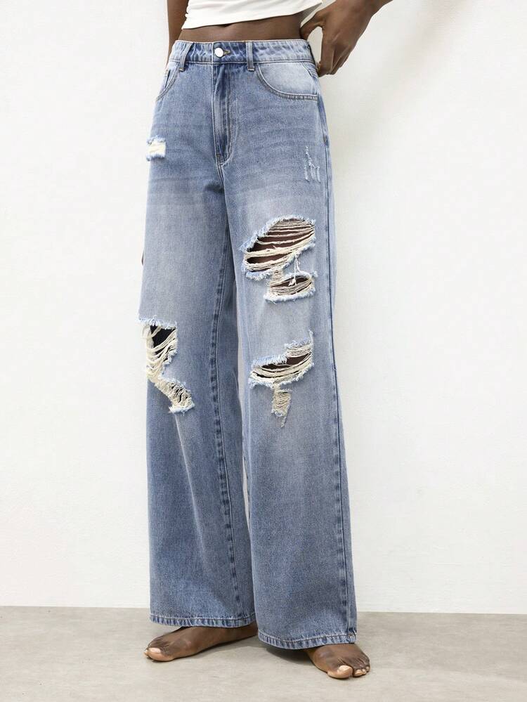 SHEIN Maija Women's Casual Washed Distressed Straight Leg Jeans