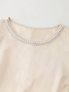Velvienne Plus Size Women Satin Shirt With Pearl Decor, Elegant & Minimalist - Champagne - View 5