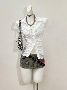 Jeanoix 女士极简通勤修身休闲褶皱衬衫 - 白色 - 查看 7