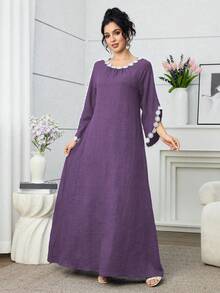 Al Najma Vestido feminino elegante e discreto com estampa floral 3D, estilo árabe, modelagem solta, ideal para primavera/outono. - Roxa - Ver 1