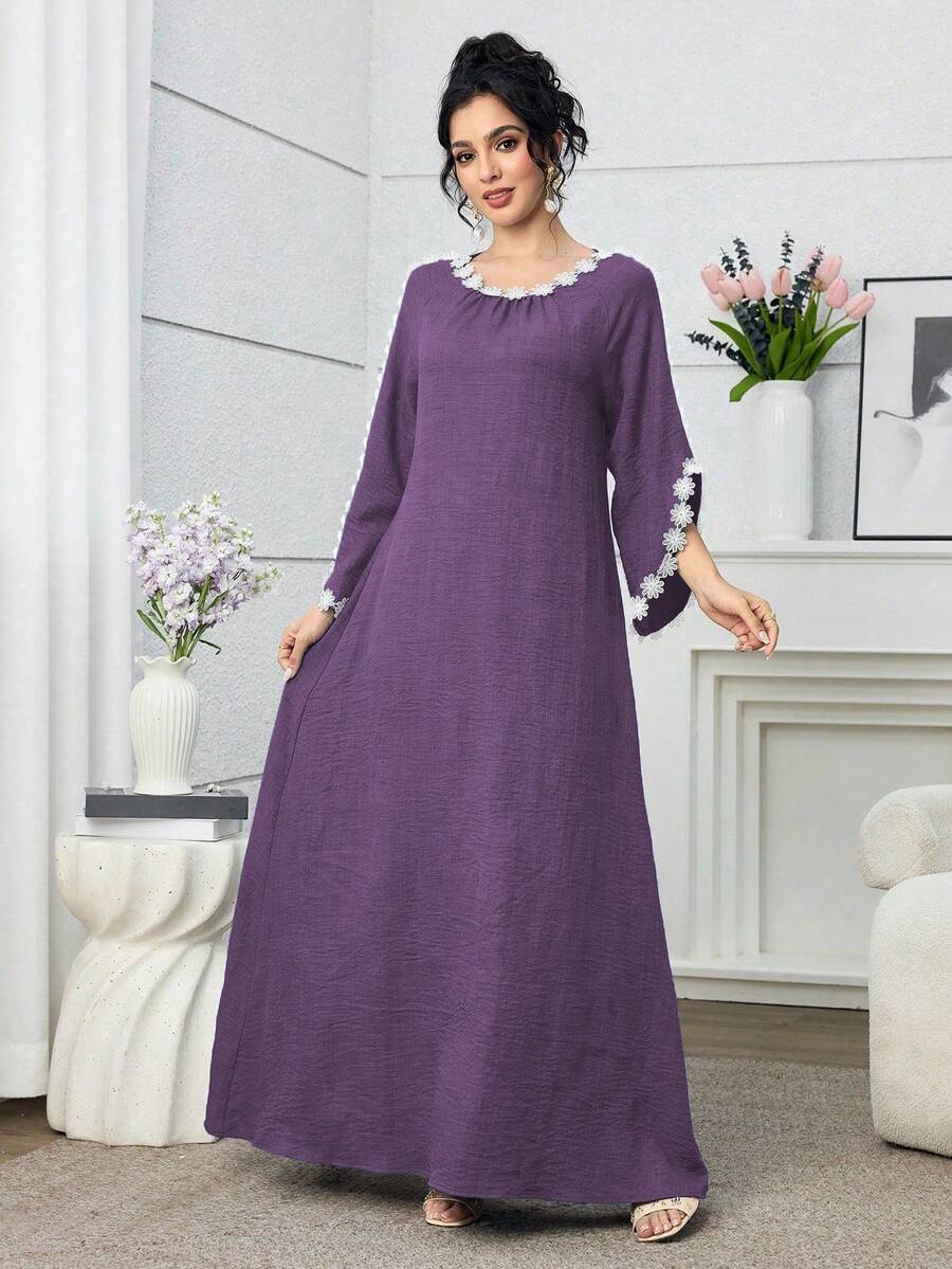 Al Najma Vestido feminino elegante e discreto com estampa floral 3D, estilo árabe, modelagem solta, ideal para primavera/outono. - Roxa - Ver 1