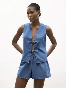 Maija Bộ đồ nữ mùa hè kiểu dáng thường ngày gồm áo vest buộc dây và quần short denim. - Rửa trung bình - Xem 5