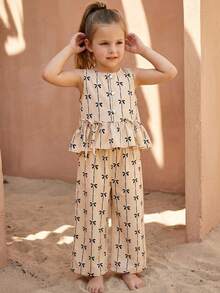 SHEIN LMoss Kids 2件套少女编织蝴蝶结装饰休闲吊带背心和裤子套装 - 黑與白 - 查看 4