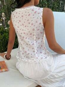 Sunnyshic 复古法式浪漫田园风纯可爱甜美性感柔美少女度假休闲约会购物花卉蕾丝拼接无袖V领修身吊带背心，春夏秋季 - 彩色 - 查看 2
