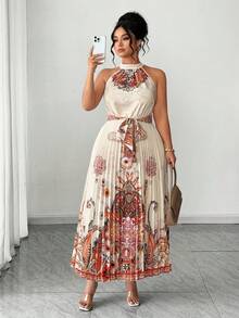 SHEIN Elenzya Large-Sized Woven Elegant Pleated Summer Women's Dress - Apricot - View 3