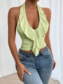 Zolique Áo tank top nữ cổ yếm buộc dây, viền bèo nhún, màu trơn, xếp ly - màu xanh lá - Xem 1