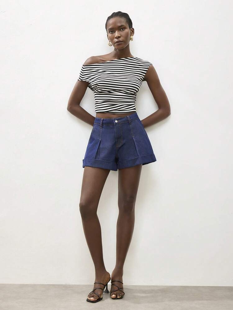 SHEIN Maija Women's Casual Pleated Denim Shorts, Summer