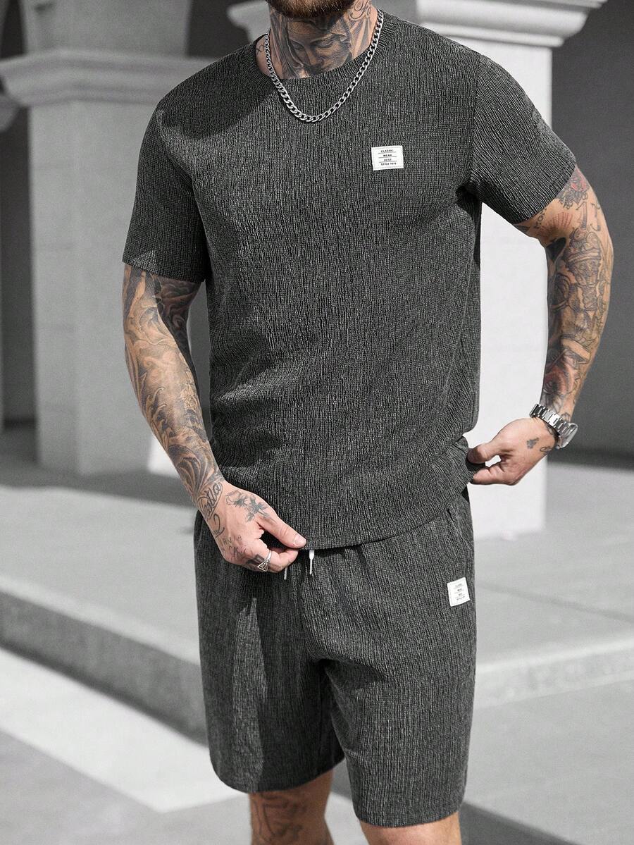 Manfinity CasualCool Men's Casual Letter Print T-Shirt And Shorts Set, Summer - Dark Grey - View 1