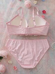 Elorette 2pcs Set Bra Balconette Nyaman dengan Kawat Penyangga dan Bantalan, Motif Bunga Bordir, 3/4 Cup, Lucu, Segar, Romantis, Punggung Terbuka, Dekorasi Pita, Set Pakaian Dalam Ukuran Besar - Berwarna merah muda - View 2