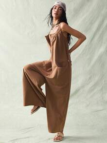 SoleilVie Deep Brown Textured Square Neck Sleeveless Front Button Loose Wide Leg Jumpsuit, Casual Chic Commuting Piece - Khaki - View 4