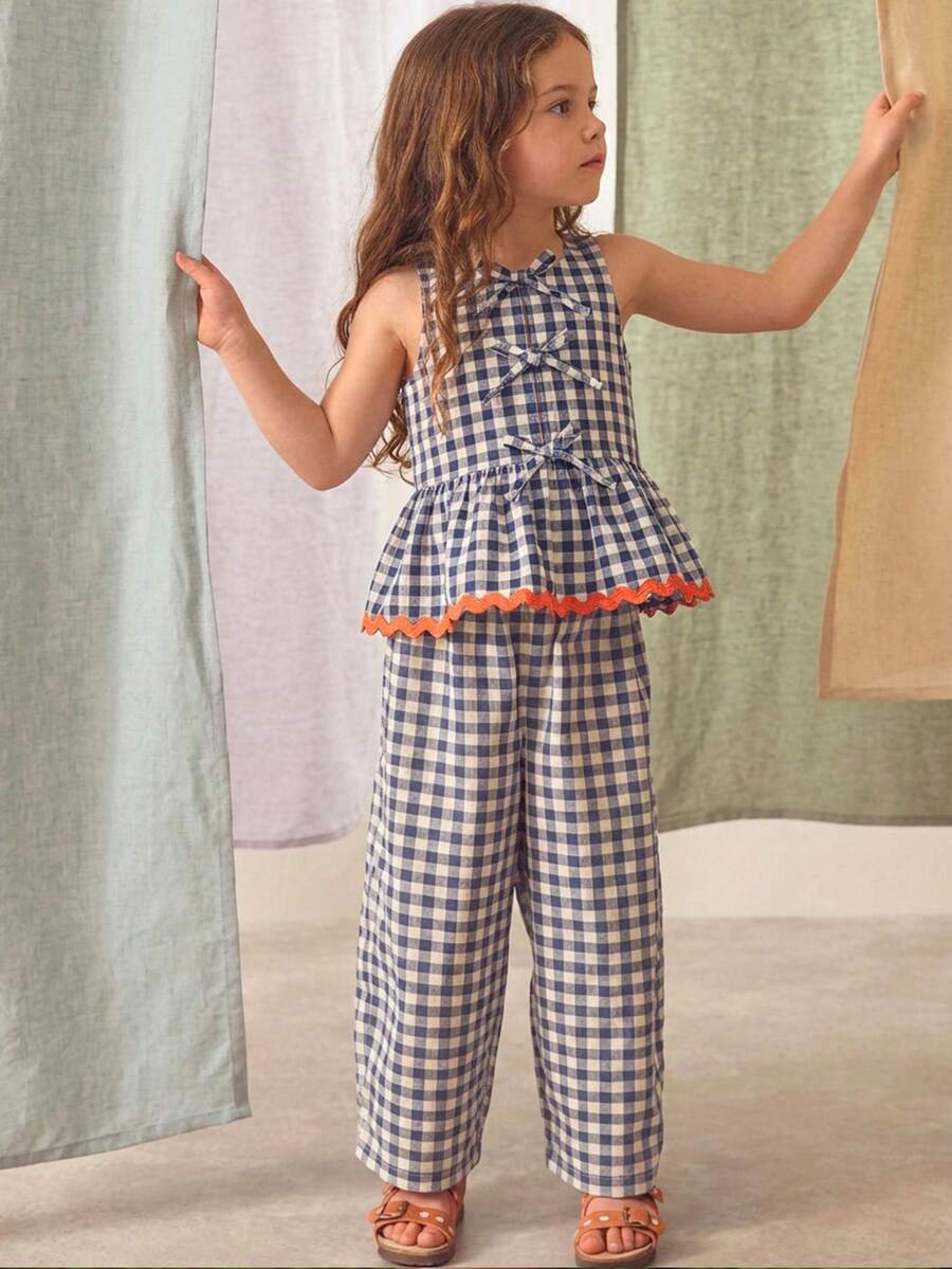 SHEIN 2件套少女格子圆领休闲背心和裤子套装 - 藏蓝色 - 查看 1