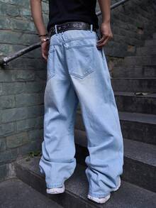 Manfinity Roghcode 男士休闲宽松褶皱阔腿蓝色牛仔裤 - 淺色水洗藍 - 查看 5