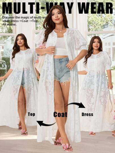 Solflare Plus Size Solid Color Embossed Front Button Elegant Short Sleeve Dress