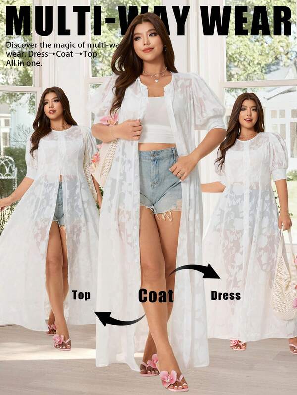 Solflare 大码纯色压纹前扣优雅短袖连衣裙