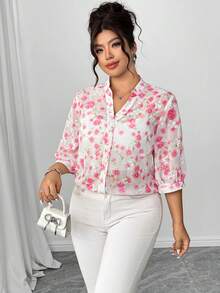 Elenzga Áo kiểu nữ cỡ lớn tay phồng cổ bẻ in họa tiết 3D, thanh lịch và lãng mạn, thích hợp cho hẹn hò, đi chơi, dự tiệc, trà chiều, du lịch thường ngày, màu hồng. - Nhiều màu - Xem 6
