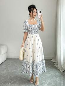 Elenzga Women's Printed Square Neck Waist Cinched A-Line Dress, Elegant For Vacation, Daily Commute, Short Sleeve - Multicolor - View 3