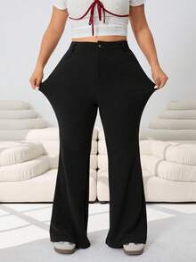 Solflare Pantalon évasé casual de couleur unie pour femmes grandes tailles, printemps/été - Noir - Voir 5