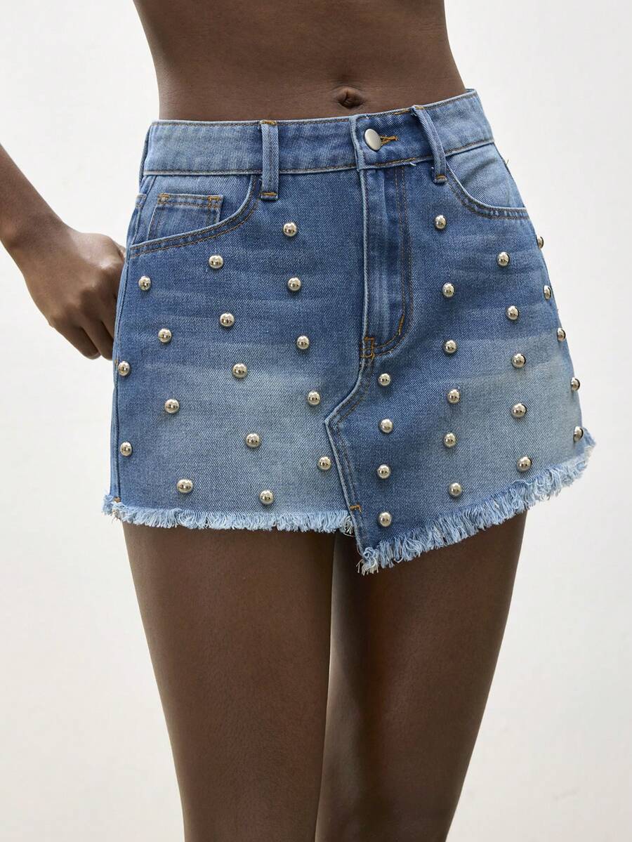 Maija Women's Summer Fashion Beaded Fringe Denim Mini Skirt - Medium Wash - View 1