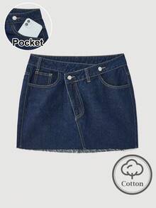 Maija Minifalda de mezclilla con dobladillo deshilachado y cintura asimétrica casual, para verano - Azul lavado oscuro - Ver 1