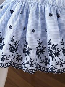 女婴休闲可爱刺绣荷叶边吊带连衣裙，适合日常外出穿着 - 藍色 - 查看 5