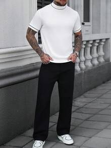 Manfinity Homme 男士休闲撞色领短袖T恤，夏季 - 白色 - 查看 6