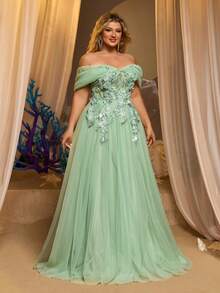 Glamrae 大码优雅奢华绿色亮片刺绣花卉精致露肩泡泡袖薄纱长裙，适合正式晚宴、盛会、婚礼等场合 - 綠色 - 查看 6