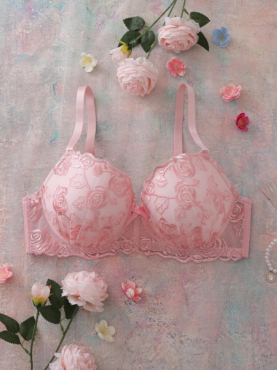 FloralLove Pink Floral Embroidery 3/4 Cup Padded Push Up Romantic Comfortable Daily Plus Size Bra & Wireless Bra - Pink - View 1