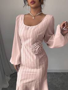 Modelyn Women's Woven Pink Long Sleeve Tie-Waist A-Line Elegant Romantic Dress - Pink - View 4