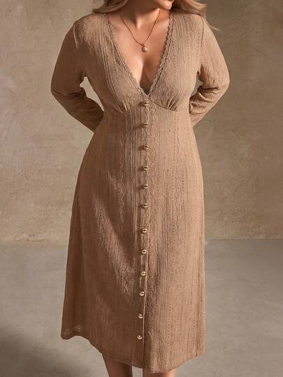 Elegantrix Höst- och vinterklänning i plusstorlek med texturerad stickning, spetsklänning med metallknappar i midjan och a-linjeformad slits, brun klänning, elegant långärmad klänning för kvinnor, åtsittande maxiklänning för höst och vinter, konsertkläder för lantliga kläder, gatukläder för gamla pengar, utekläder, kontorskläder för kvinnor