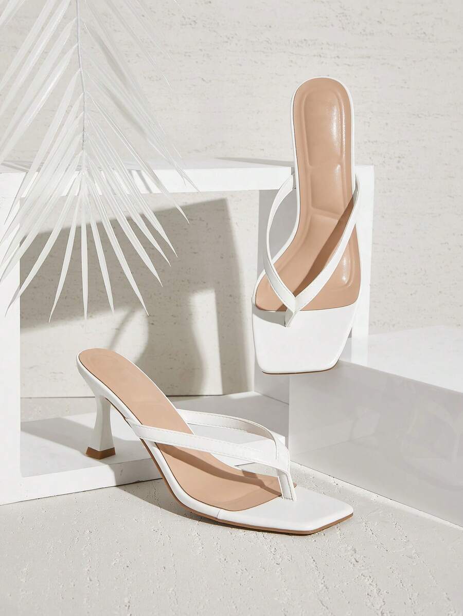 SHUZIA 女士舒适小猫跟方头人字凉鞋黑色高跟凉鞋 - 白色 - 查看 1