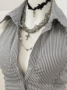 Jeanoix 女士条纹面料通勤办公休闲性感吊带衬衫 - 黑與白 - 查看 7