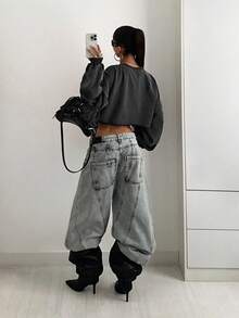 StreetHx Women Solid Color Round Neck Loose Boxy Cropped Washed Sweatshirt,Long Sleeve Tops,Graduation,Teacher,Back To School Pullover Fall - Grey - View 2