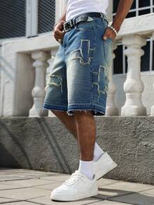 Manfinity EMRG Men's Casual Street Style Embroidered Patch Blue Denim Shorts - Medium Wash - View 7